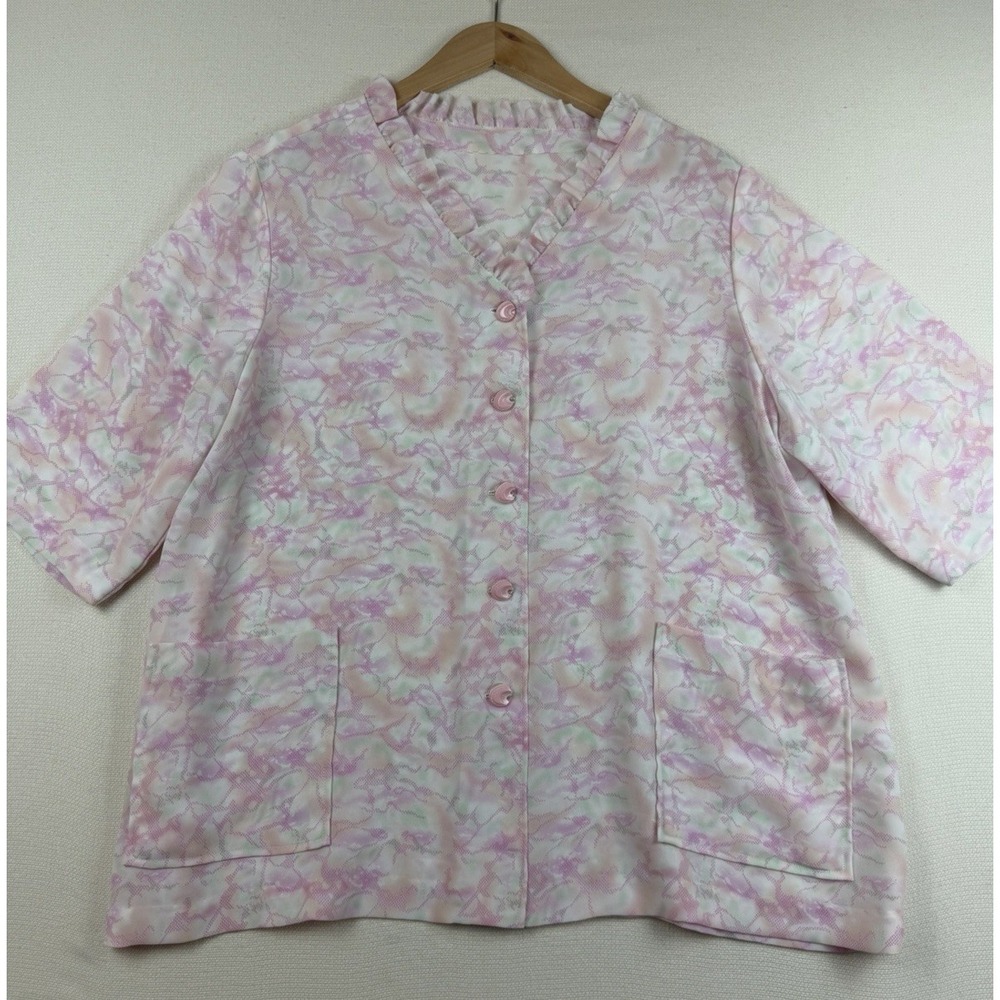 VTG Button Up Scrub Top Bed Lounge Jacket Women XL Pink Coquette Ruffle Neckline